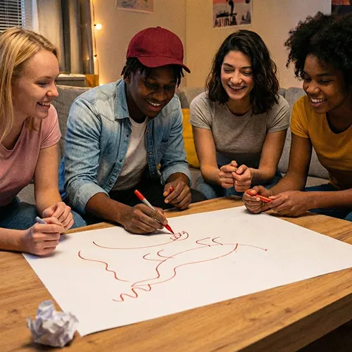 Friends drawing on a big sheet of paper playing Imposter Artist in person