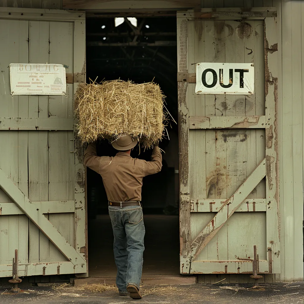 A person carrying a bale of hay out through a barn doorway marked OUT