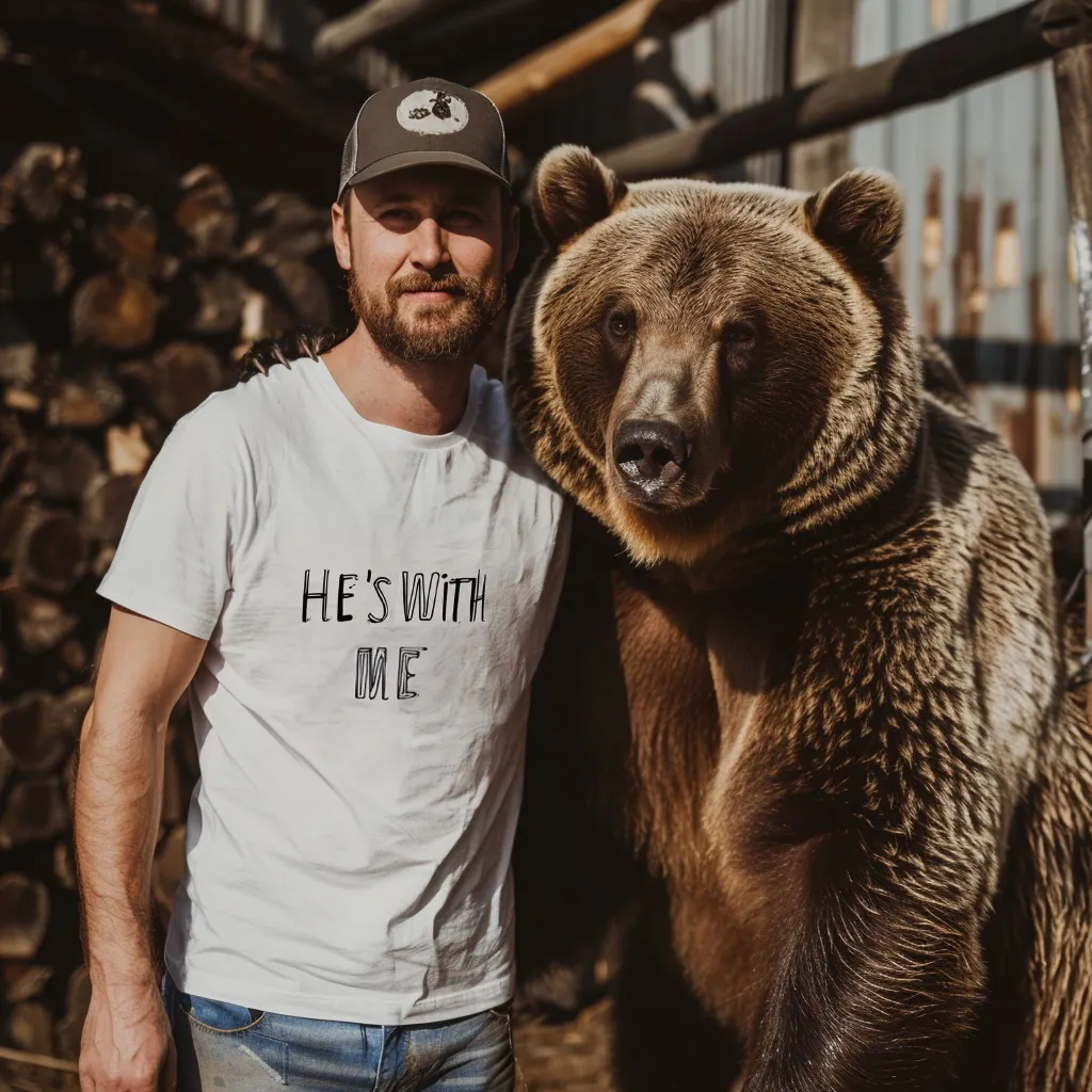 A bear standing beside a person as a visual phrase clue