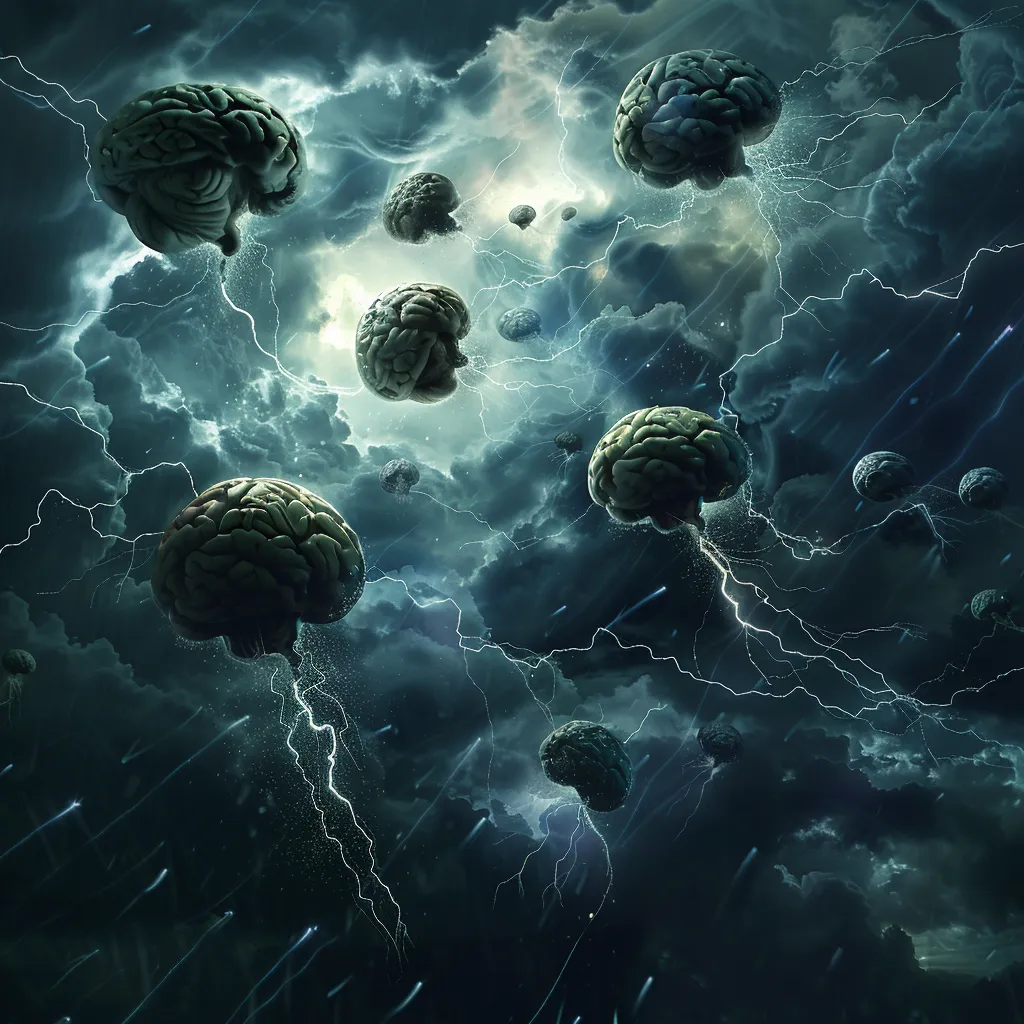 Several human brains swirling among dark storm clouds and lightning