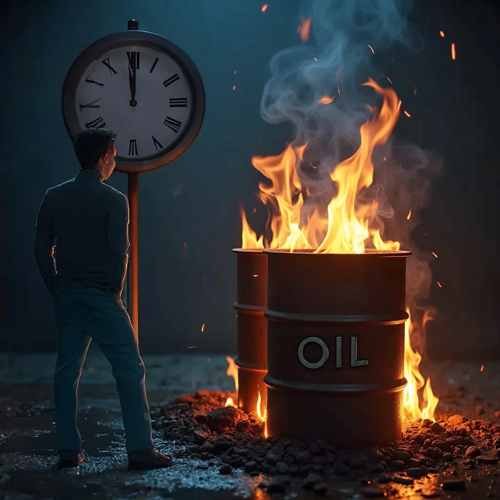 Barrels marked OIL burning beside a large clock showing midnight