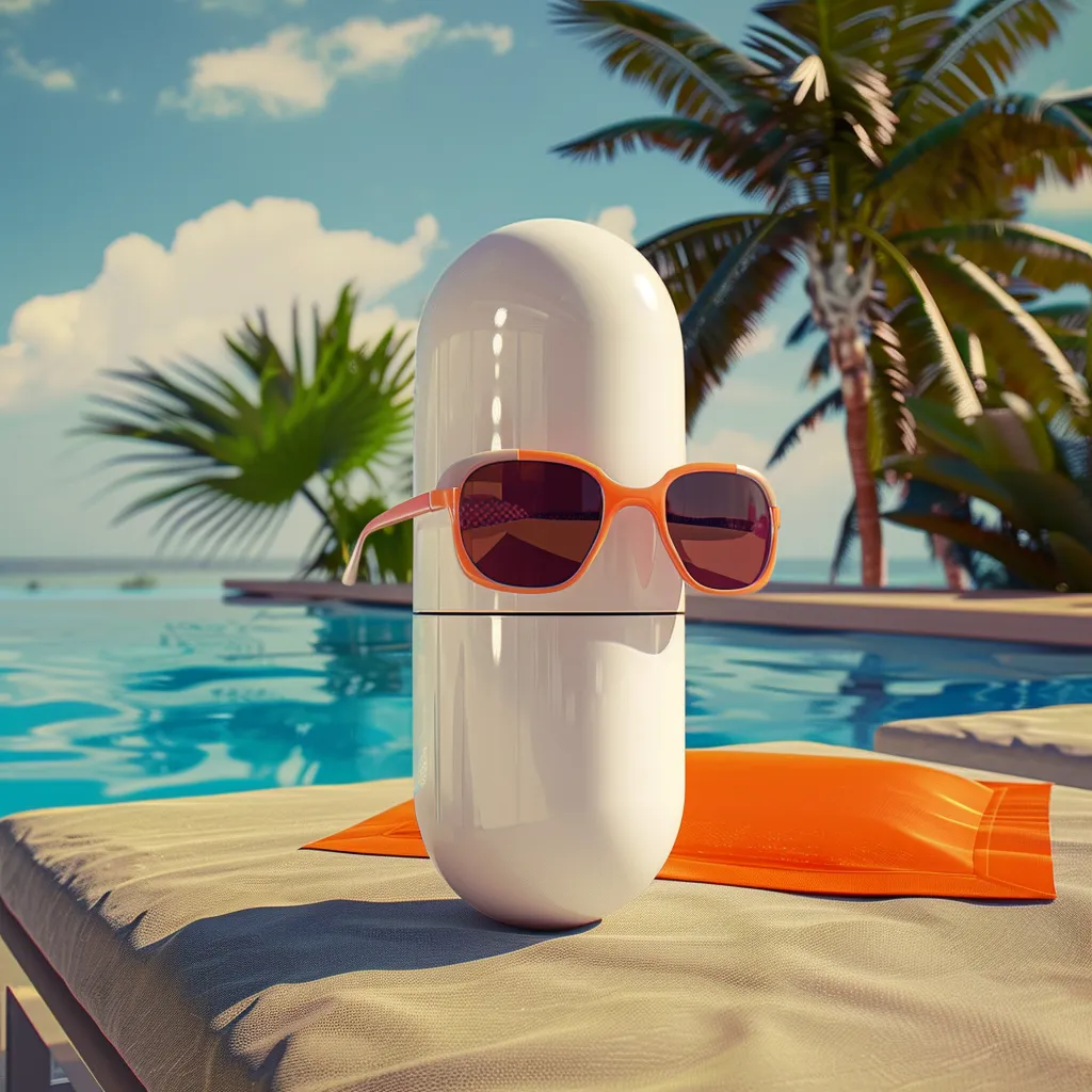 A medicine capsule wearing sunglasses beside a sunny swimming pool