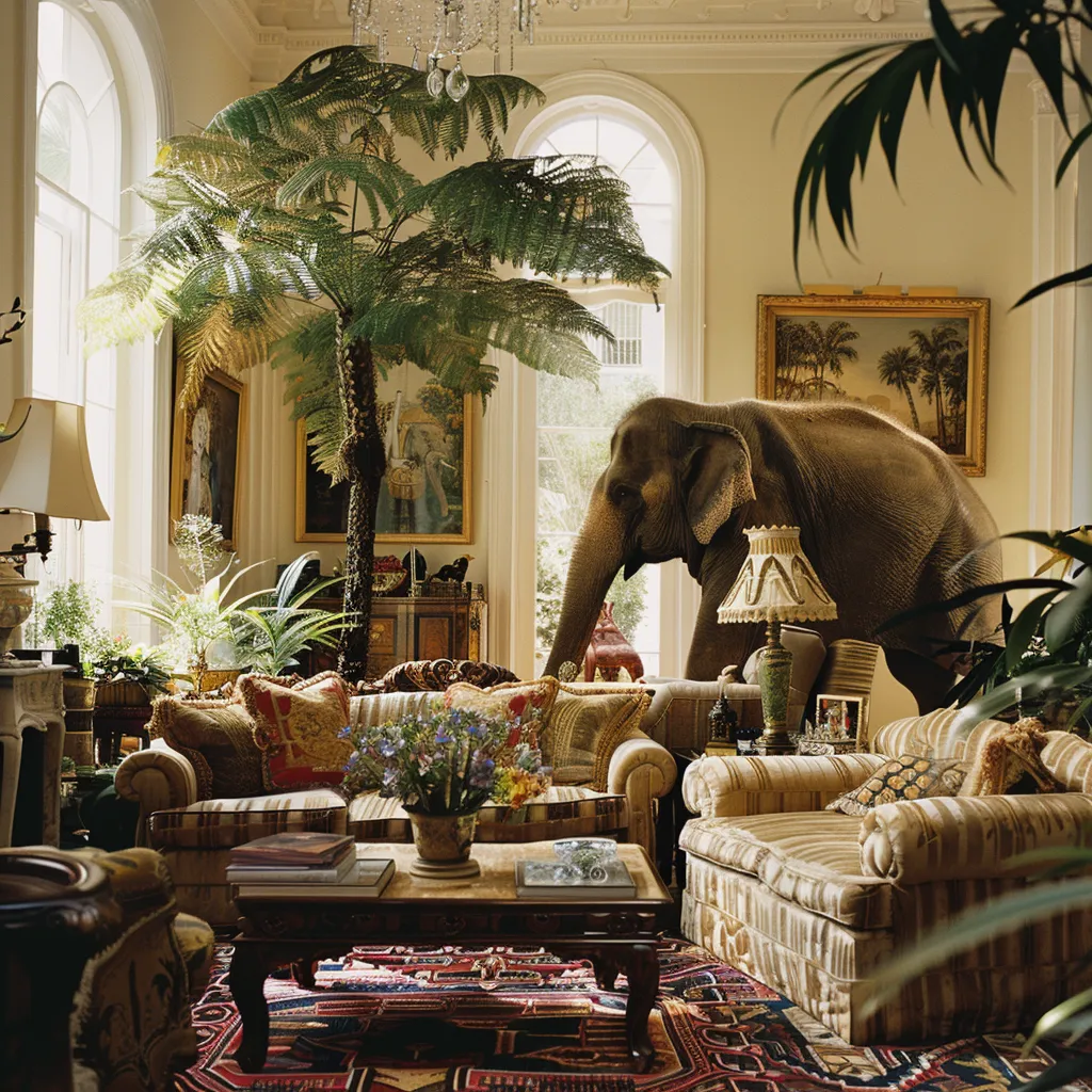 A large elephant standing among sofas and lamps in an elegant living room
