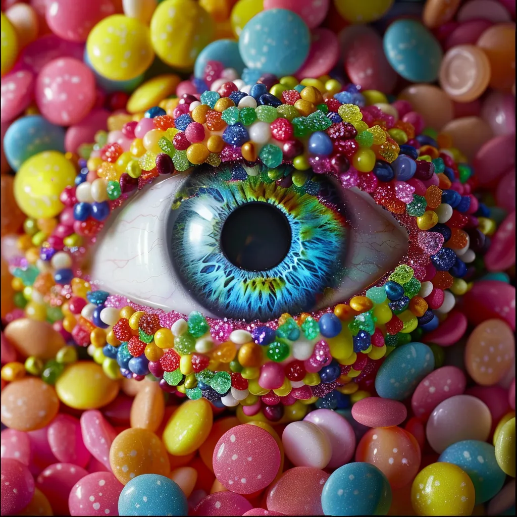 A bright blue eye surrounded by colorful sweets and candy pieces