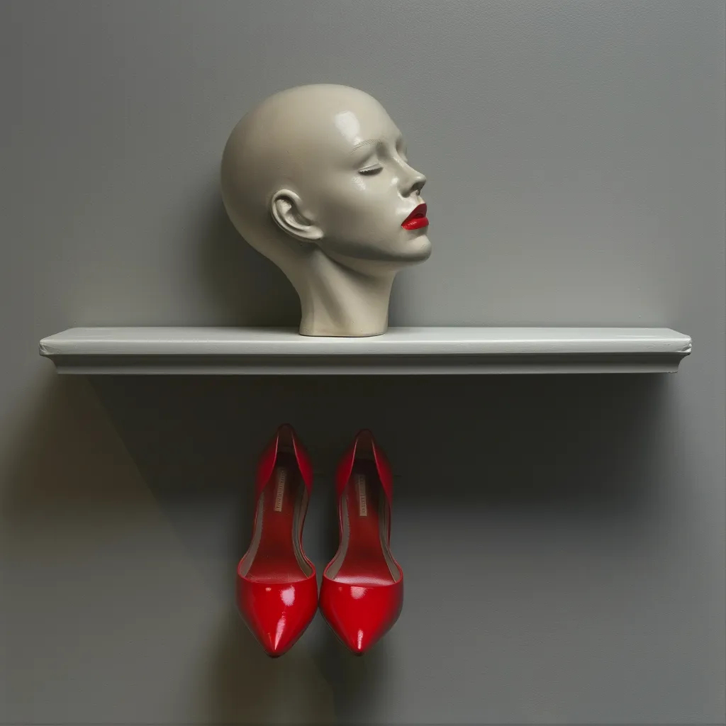 A mannequin head displayed on a shelf above a pair of red high heels