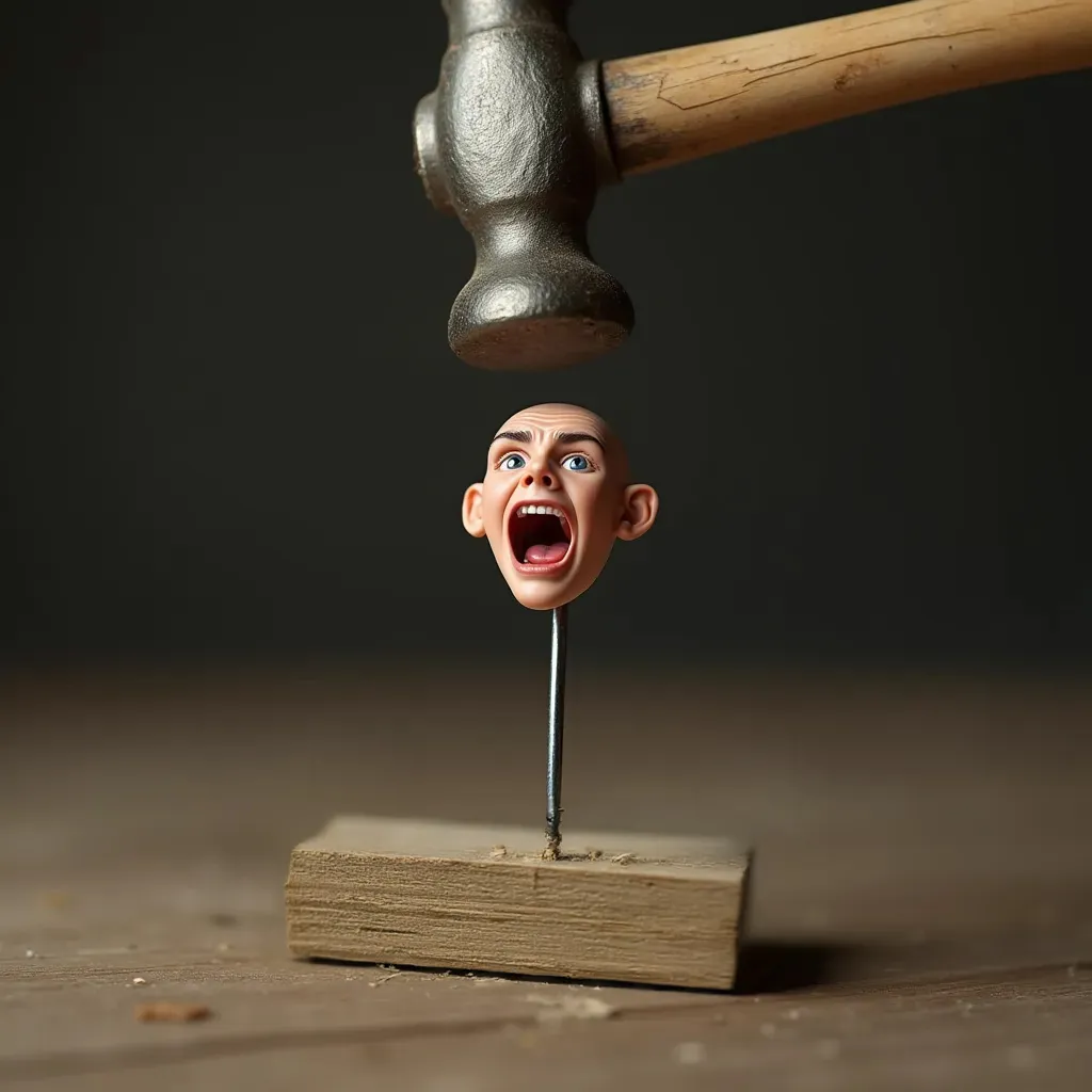 A hammer poised above a nail topped with a tiny human head