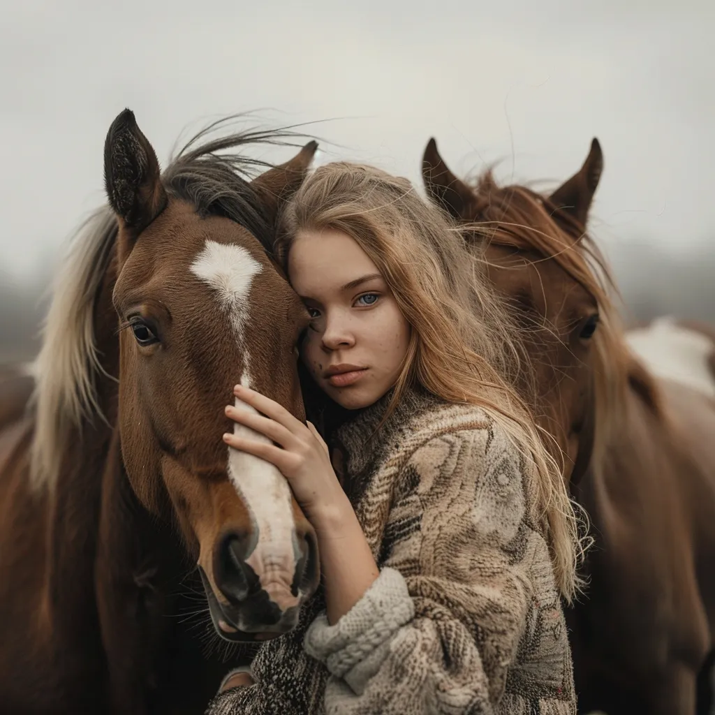 A woman holding close to two horses in an open field
