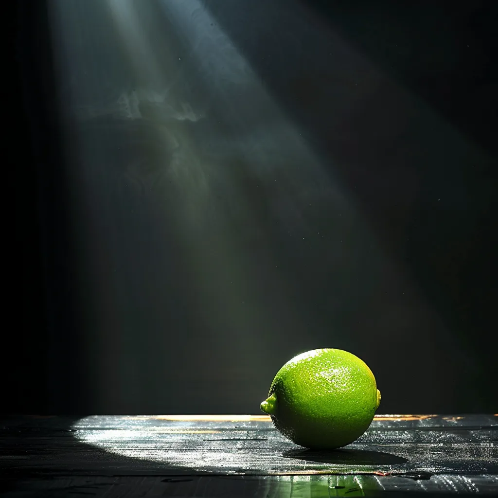 A lime fruit illuminated by a theatrical spotlight