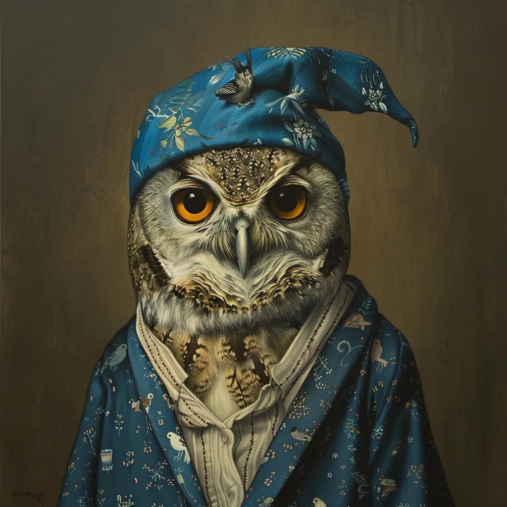 An alert owl dressed in blue pajamas and a floppy nightcap