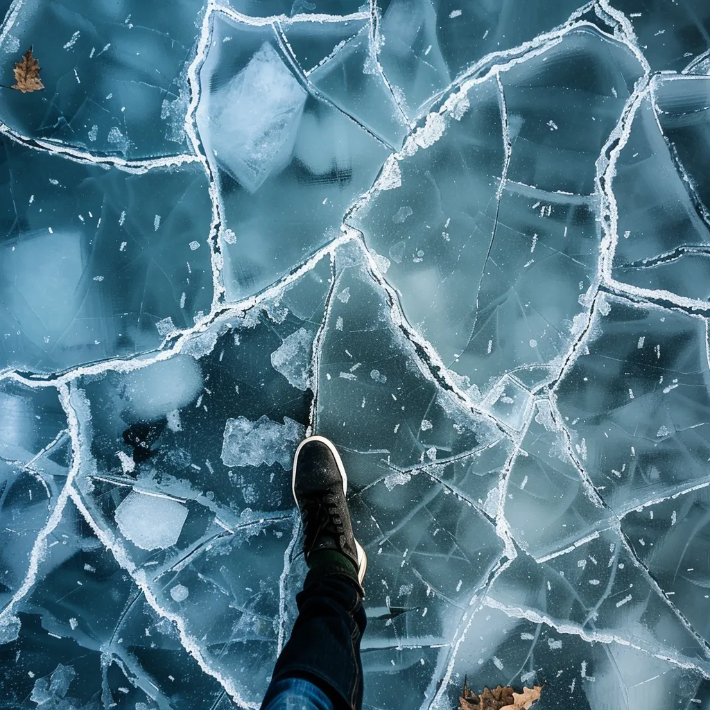A cautious person standing on a fragile sheet of cracking ice