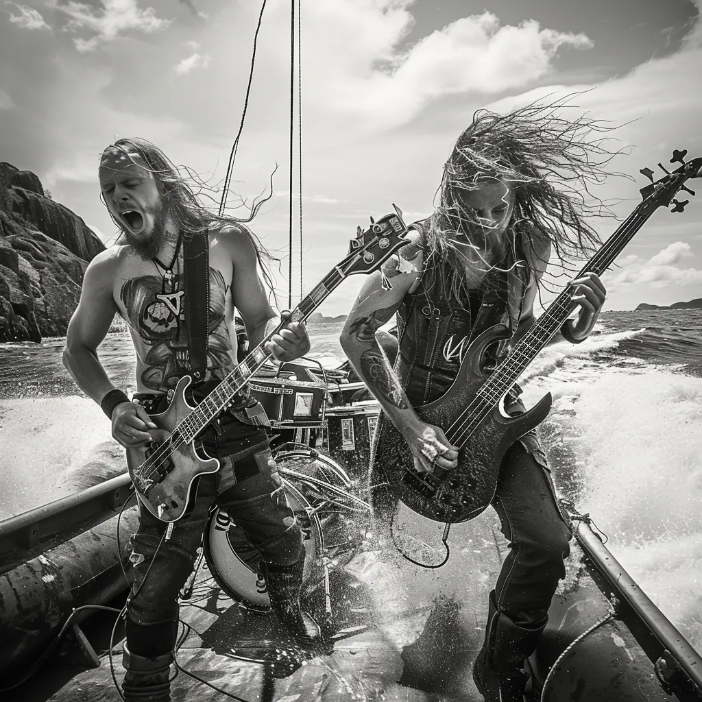 A rock band playing electric guitars and drums aboard a moving boat