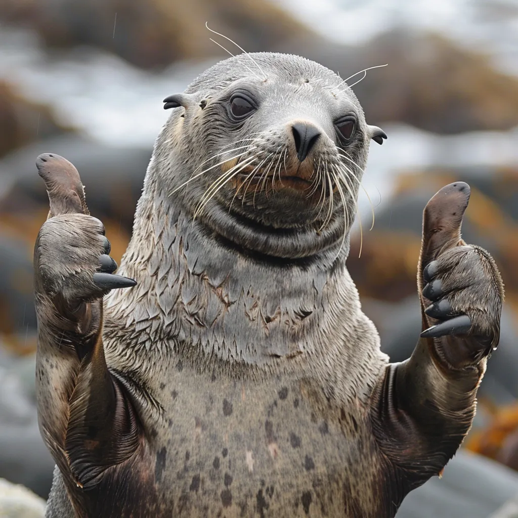 A smiling seal raising both flippers in a thumbs-up gesture