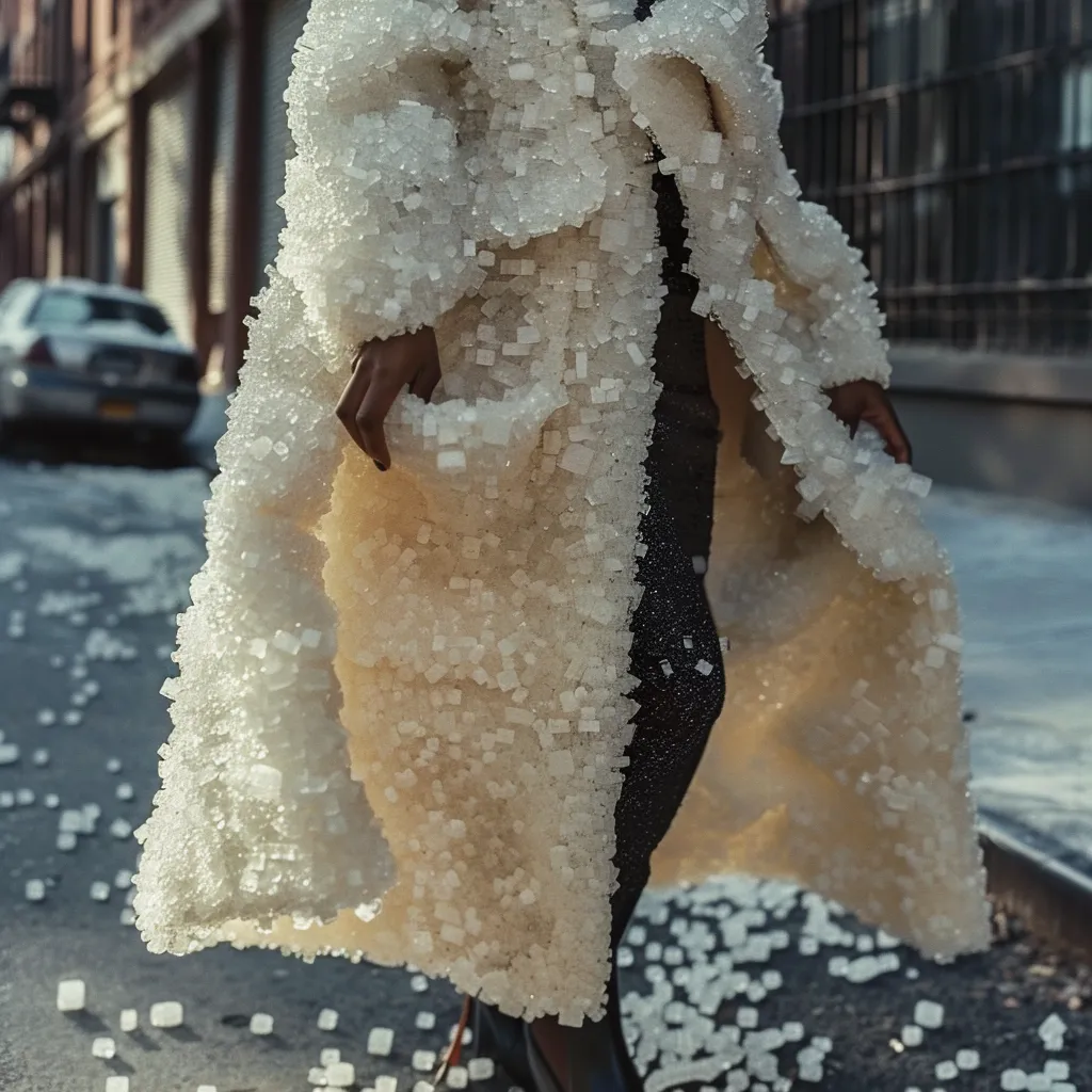 A coat covered in sparkling grains of sugar