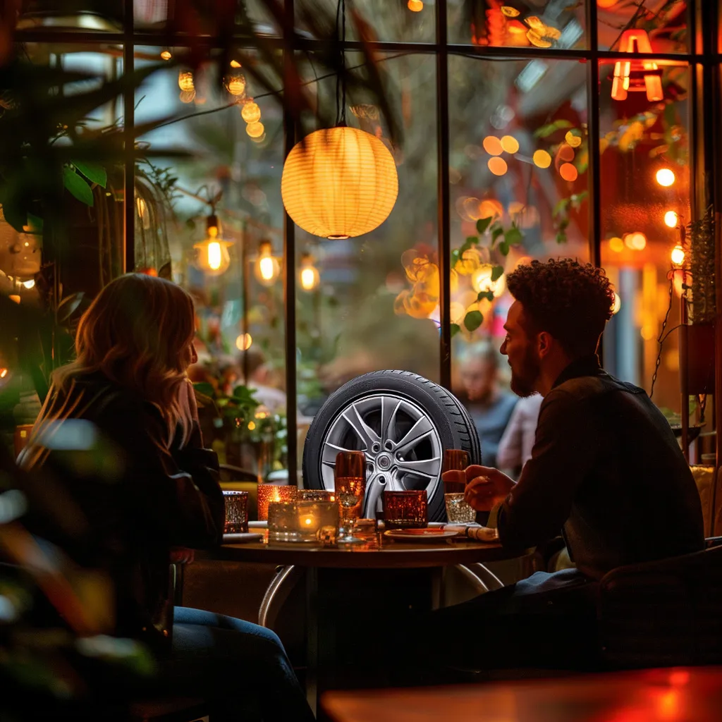 A couple seated at a restaurant table with a car wheel between them