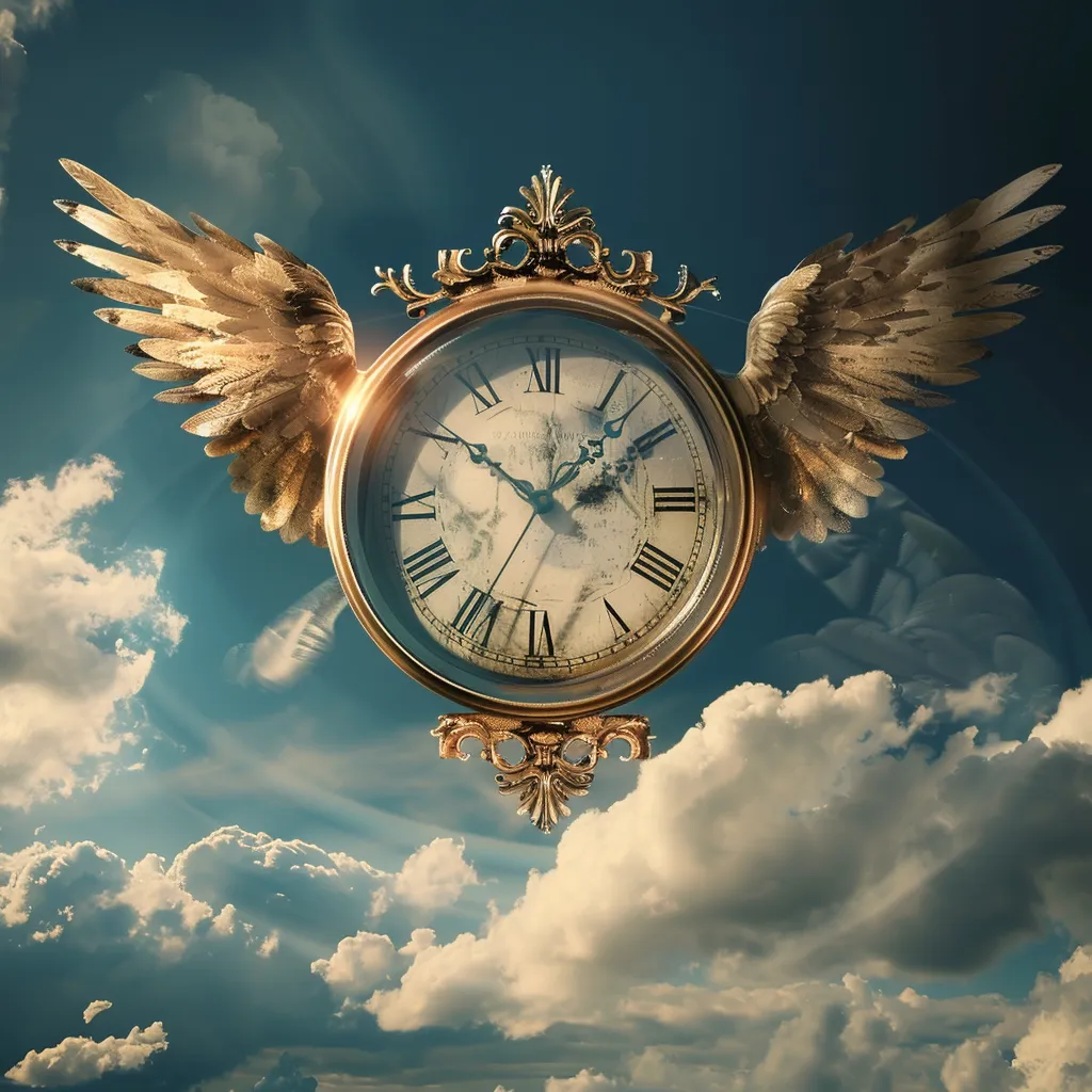 A clock shown flying through the air with wings