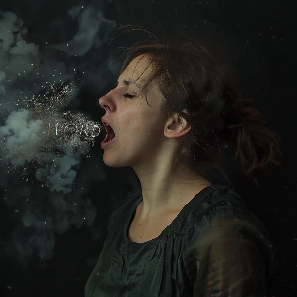 The written word WORD drifting like breath from a woman's open mouth